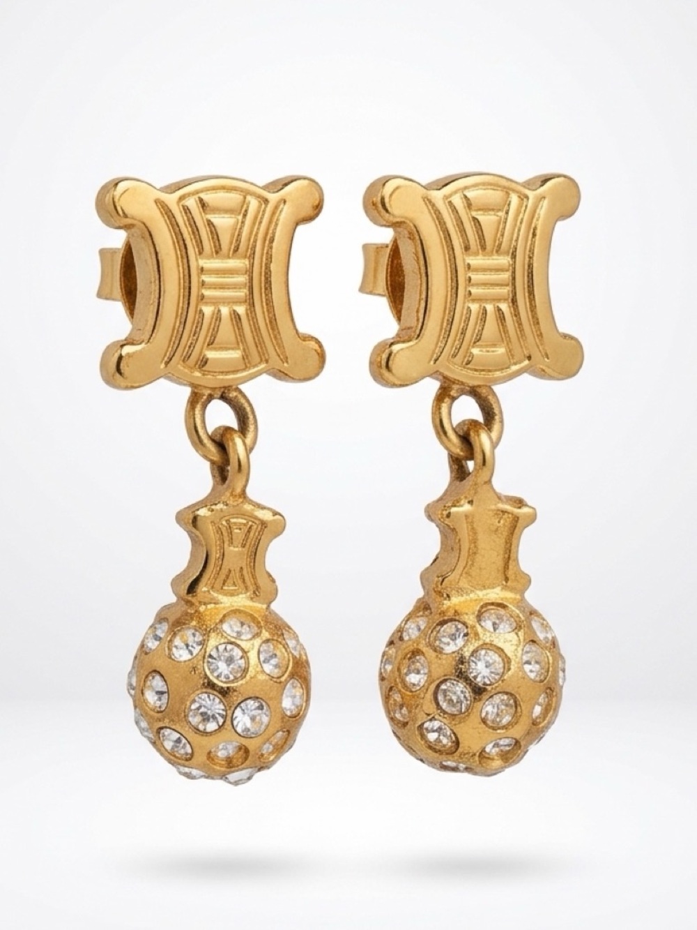 Celine Triomphe and Crystal Globe Drop Earrings, gold plated, post, EUC